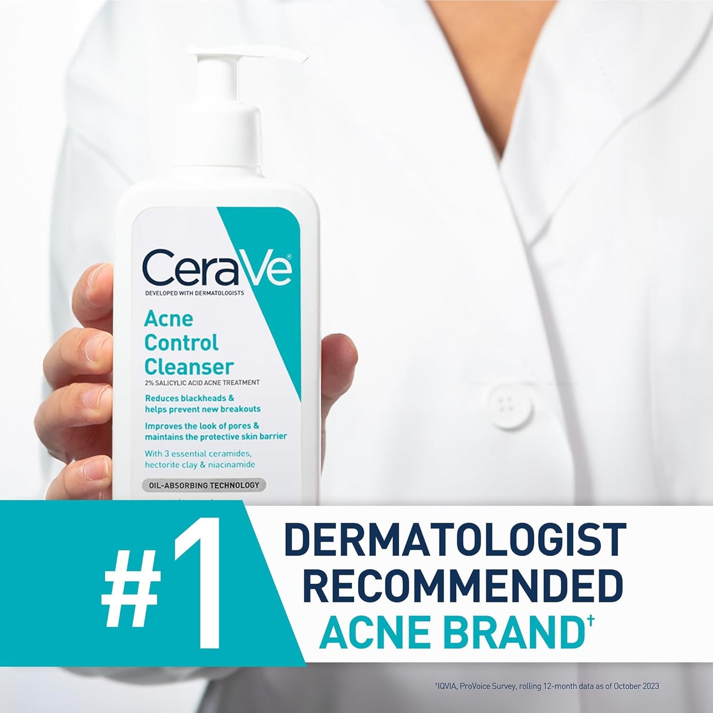 CeraVe Acne Control Cleanser - 2% Salicylic Acid & Niacinamide | Gentle Face Wash for Clear Skin, 16 Ounce
