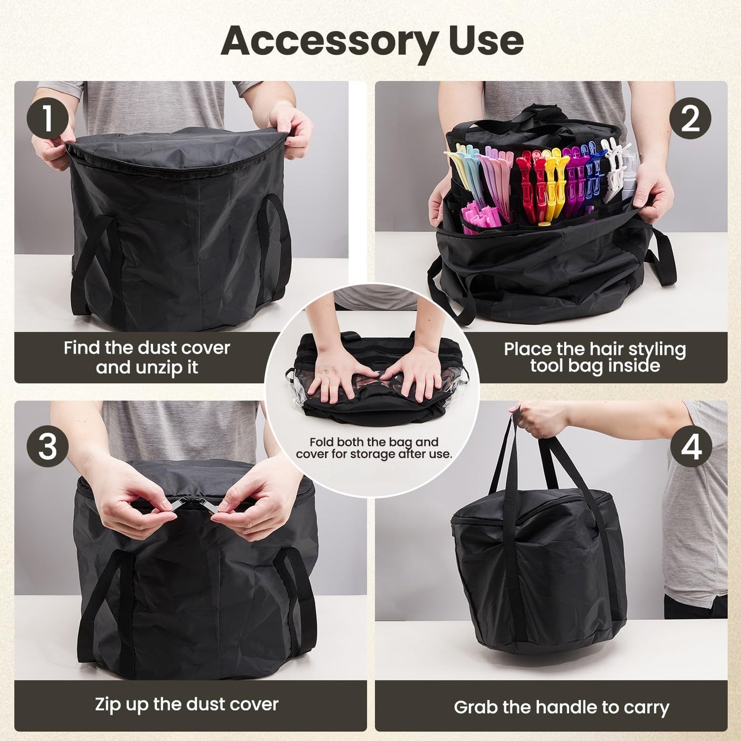 PUMHUBO Hairstylist Travel Bag, with Dust Cover, 11L Large Capacity, Heat-Resistant Interior, Iridescent Pockets, 24 Hook-and-loop Slots, Top Drawstring, Makeup & Pet Grooming Supplies Organizer
