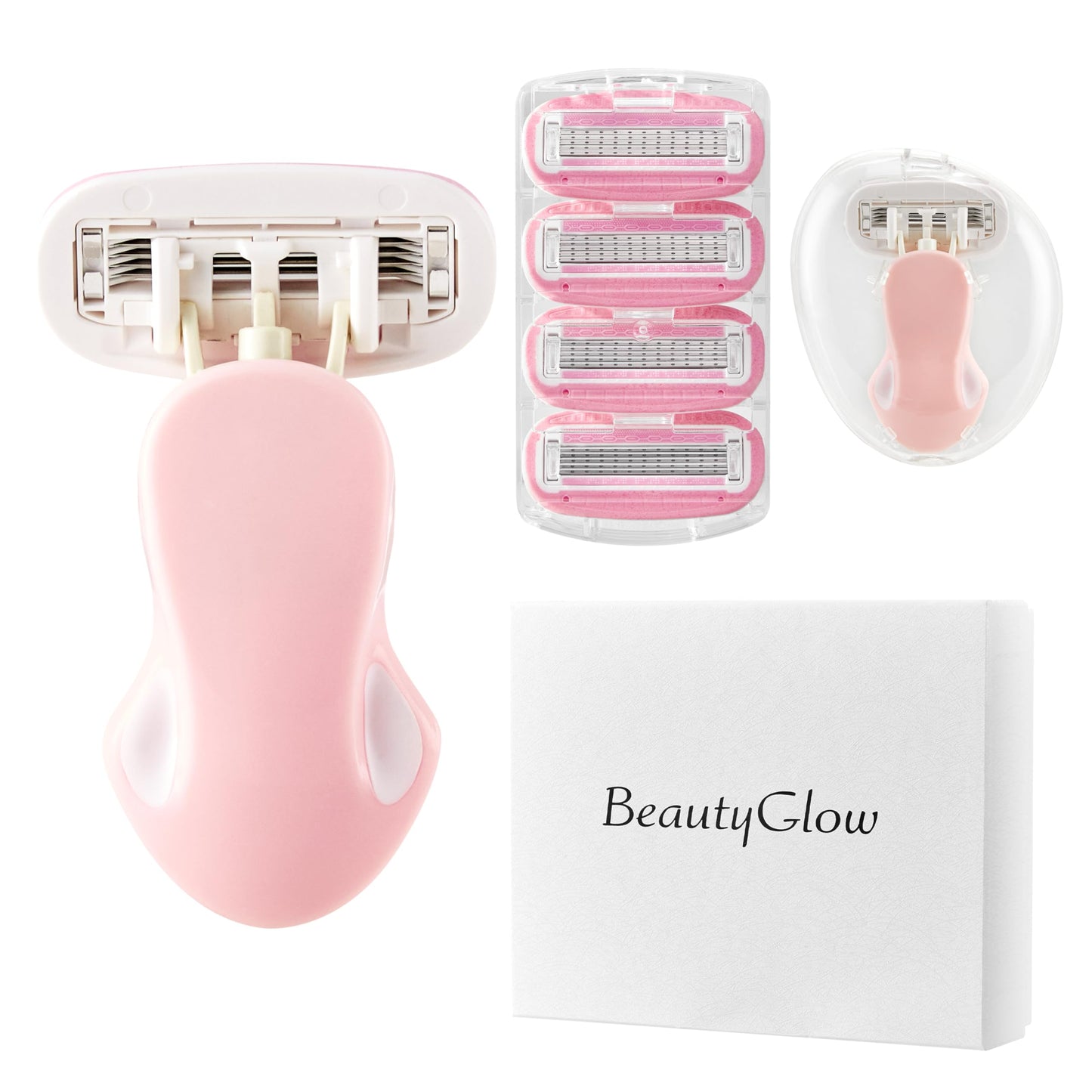 BeautyGlow Travel Razor for Women with Mini Handle, Extra Smooth 5-Blade Travel Size Razors with Case & Gift Box, Includes 5 Cartridges (Pink)
