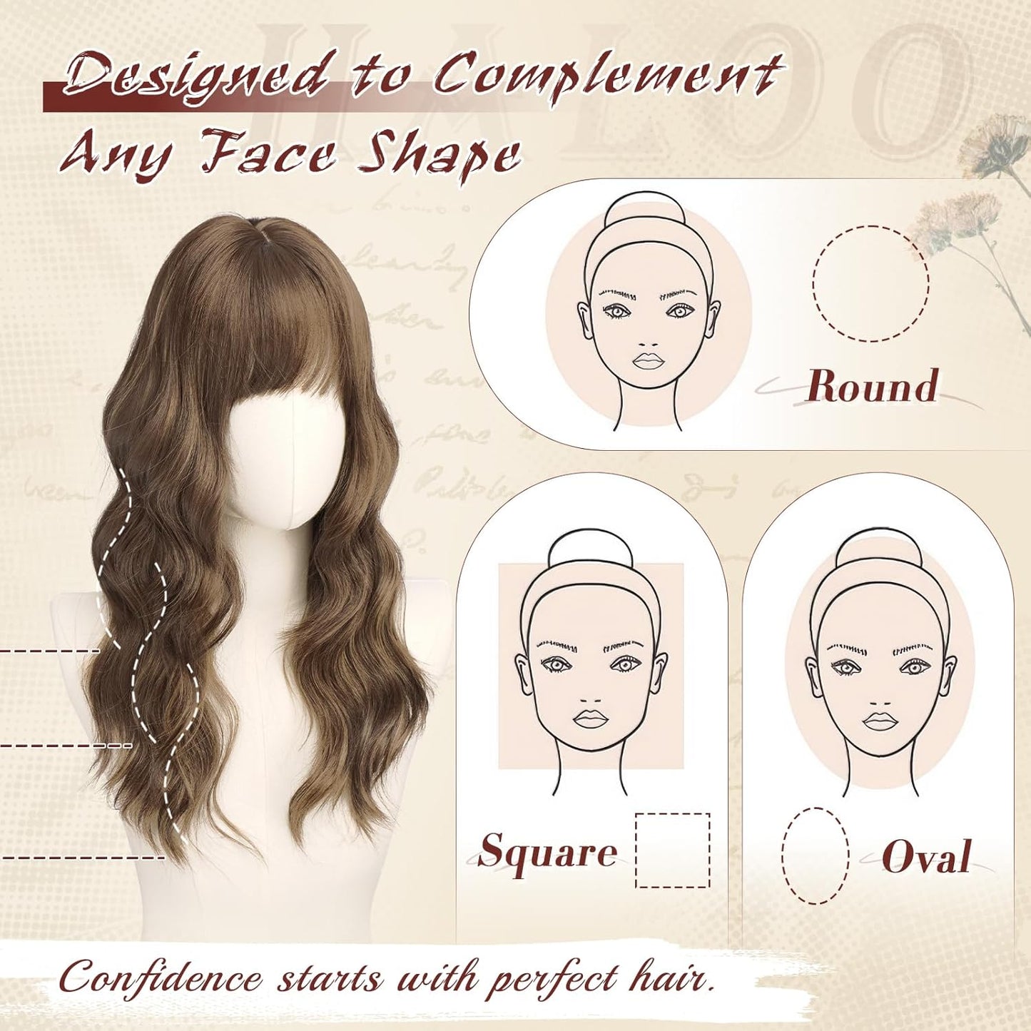 Brown Wigs with Bangs - 20 Inch Soft Wavy Synthetic Heat Resistant Hair Wig for Women | Blonde Mixed Brown