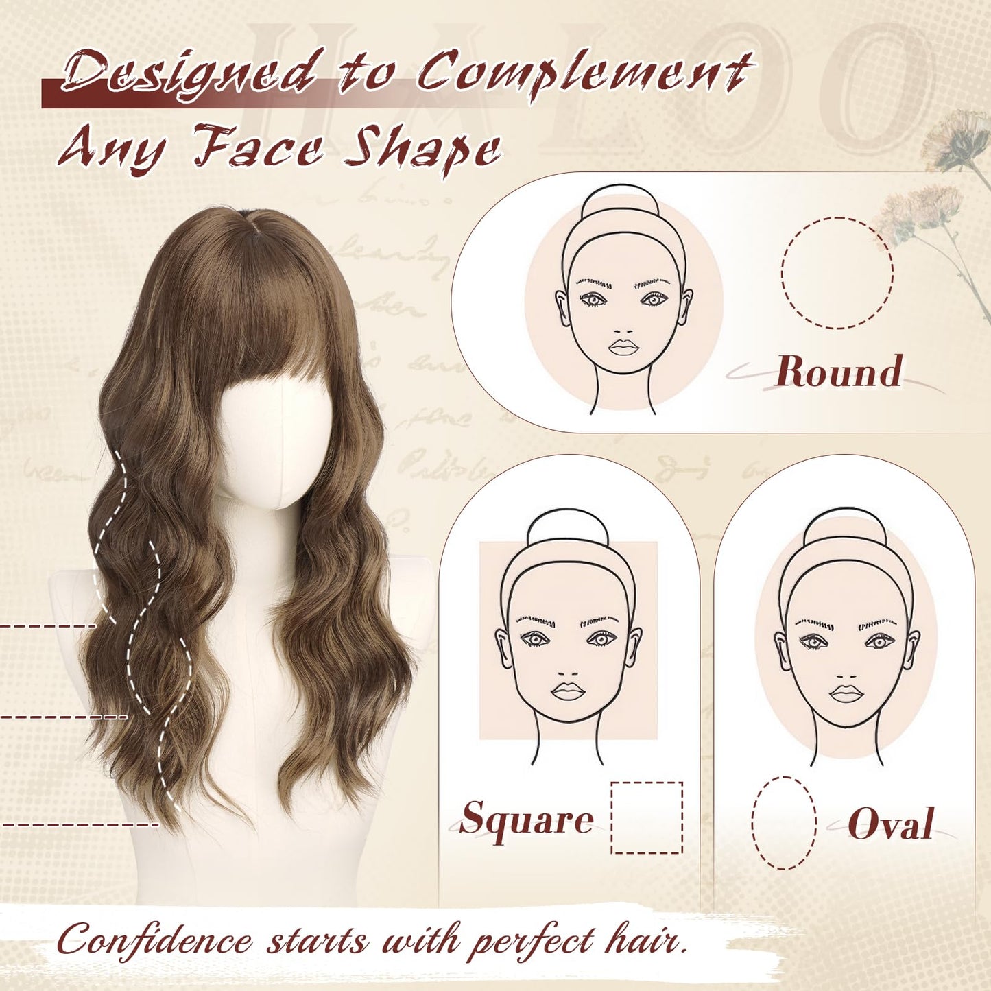 Haloo Brown Wigs with Bangs - 20 Inch Long Soft Wavy Natural Looking Synthetic Heat Resistant Hair Wig for Women Daily Party, Blonde Mixed Brown