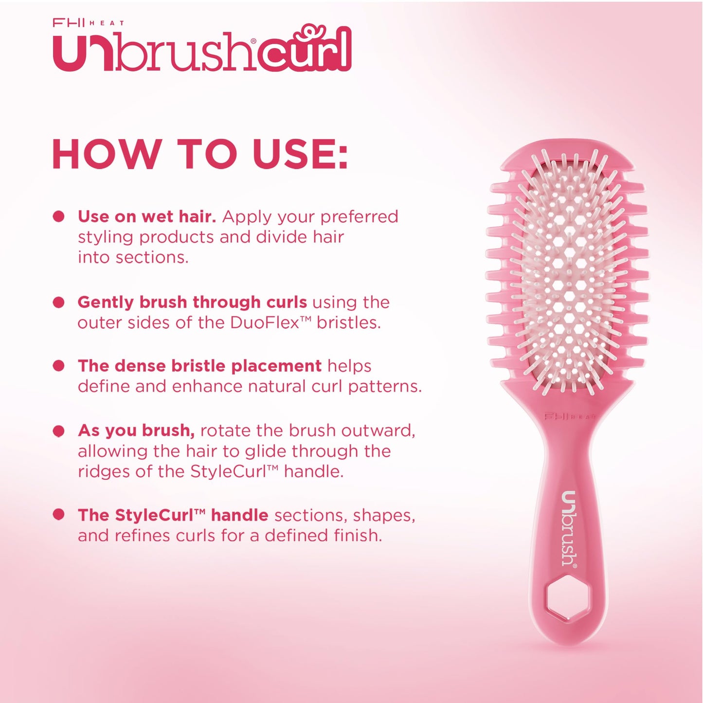 FHI Heat UNbrush Curl Defining Brush — Wavy, Coily, and Curly Hair Brush with DuoFlex Bristles & StyleCurl Handle — for Gentle Detangling & Faster Styling on Wet Hair - Coral Rose