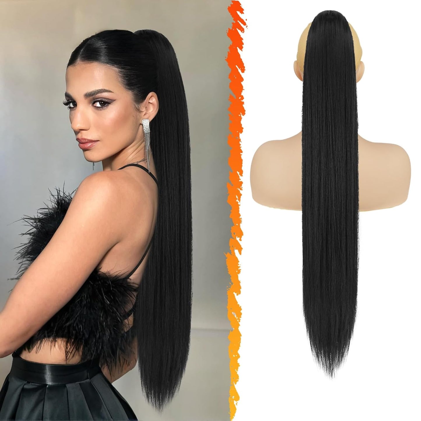 Long Straight Ponytail Extension - 26 Inch Brown Synthetic Clip-In Hairpiece for Women | Light Brown Mixed