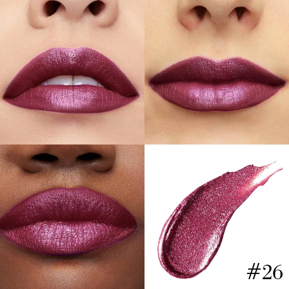 Dark Purple Red Metallic Glitter Lip Liner & Lipstick Combo - Long Lasting Waterproof Liquid Lipstick Set for Women | Iridescent Shine, Non-Stick Cup
