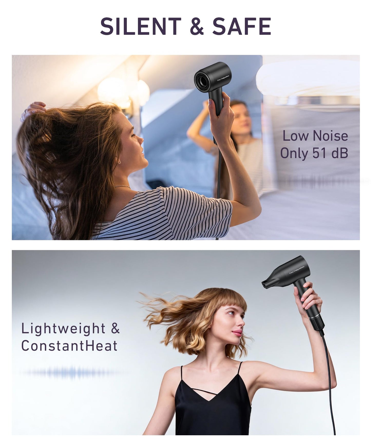 Cosy Companions High-Speed Ionic Hair Dryer, 150000 RPM Brushless Motor for 2-5 Min Fast Drying, Low Noise Blow Dryer Reduces Frizz & Heat Damage, Lightweight Hair Dryer with Diffuser & Nozzle
