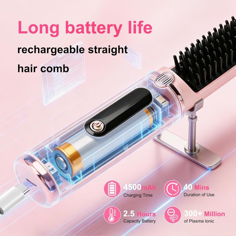 Cordless Hair Straightener Brush - Fast Heating Ionic Comb | Rechargeable Anti-Scald LED Display, Portable Travel Tool