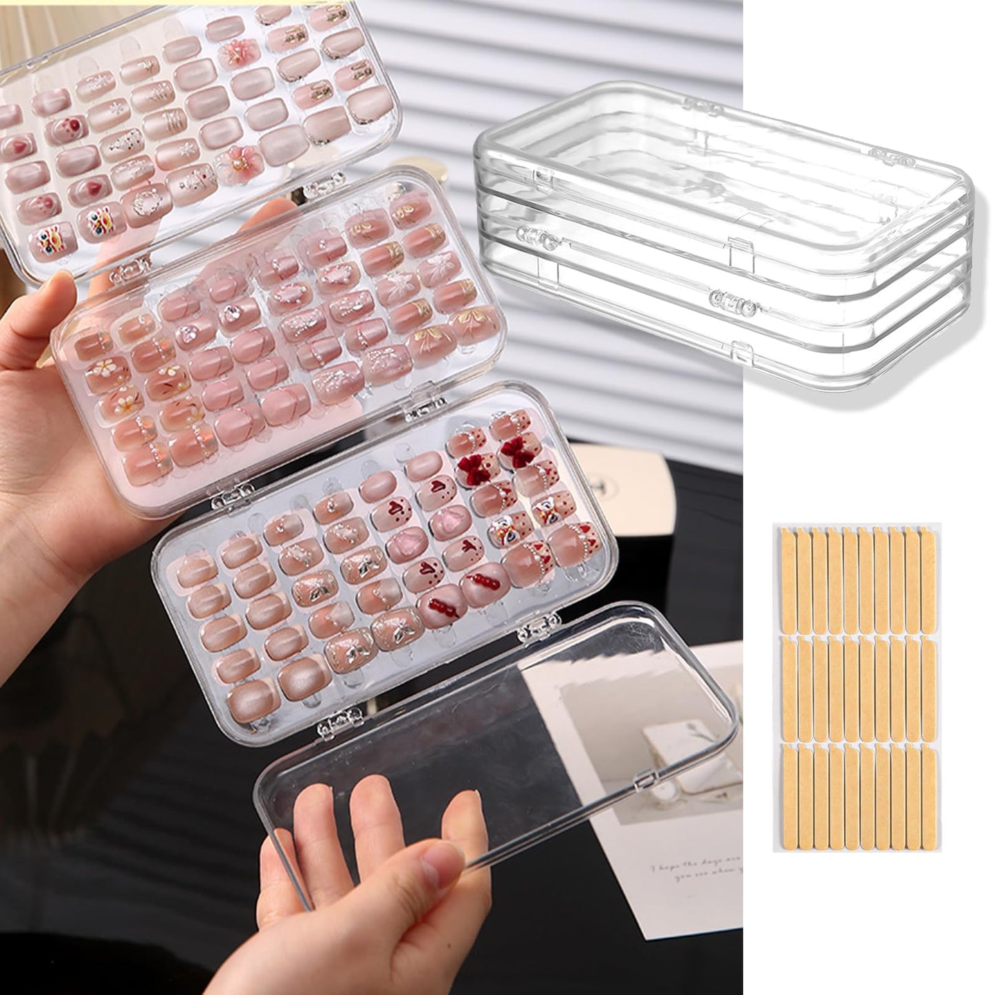 Oskrieel Tri-Fold Press On Nail Organizer Case - 4-Page Portable Storage Box for Fake Nails, Clear PET Plastic Travel Holder (6×3.2×1.8 inch)
