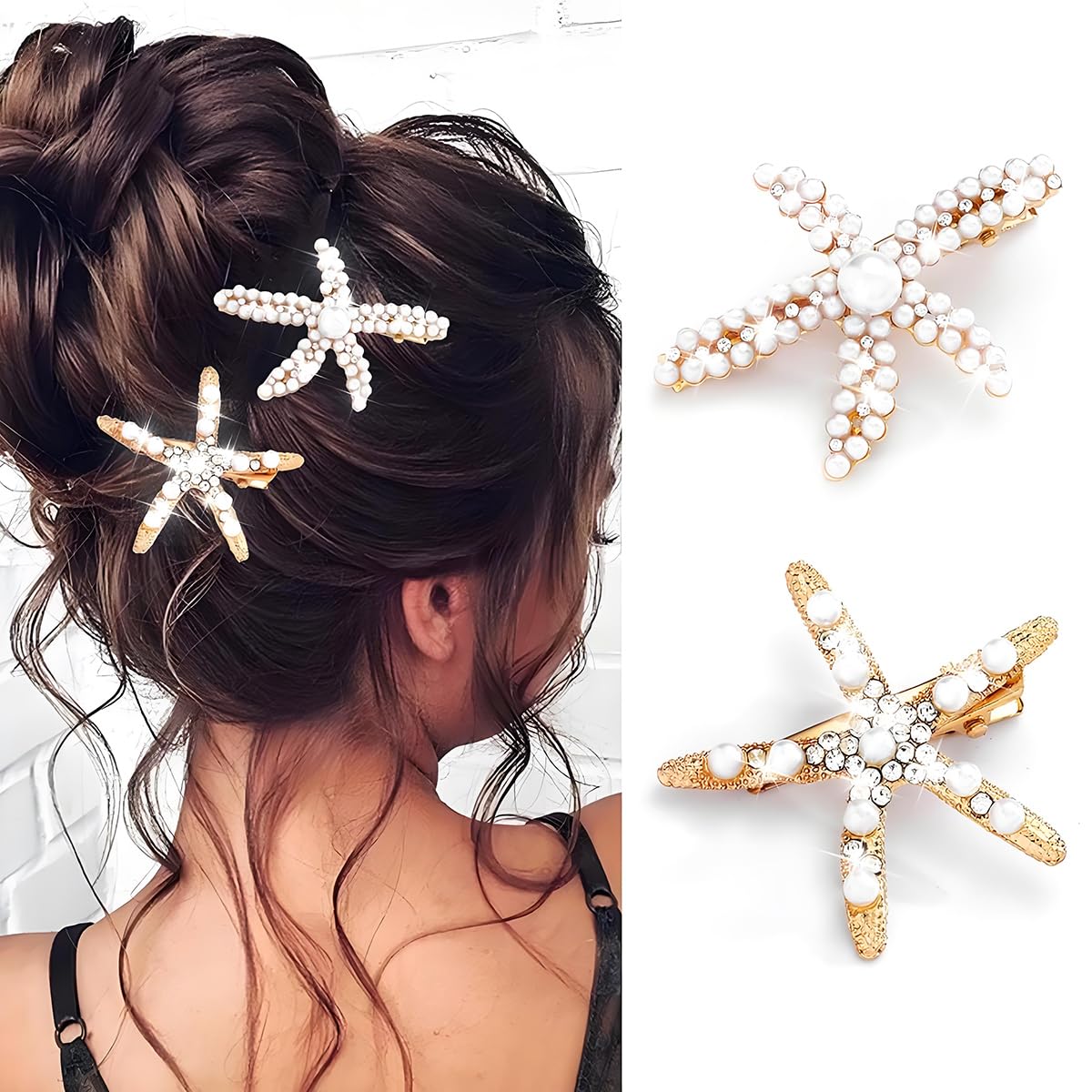 Starfish Hair Clips - Pearl Crystal Rhinestone Barrettes | Non-Slip Ponytail Holders for Weddings & Beach Parties - 2PCS