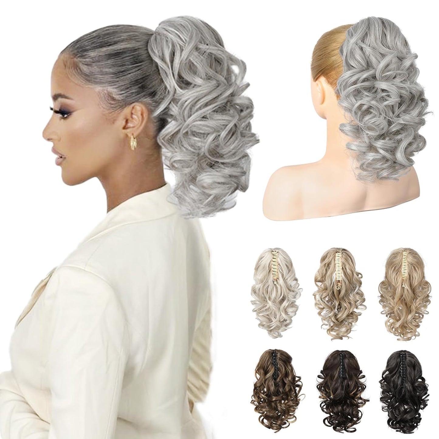 Ponytail Extension - 16" Classic Loose Curly Wavy Claw Clip Hairpiece for Women | Black Brown
