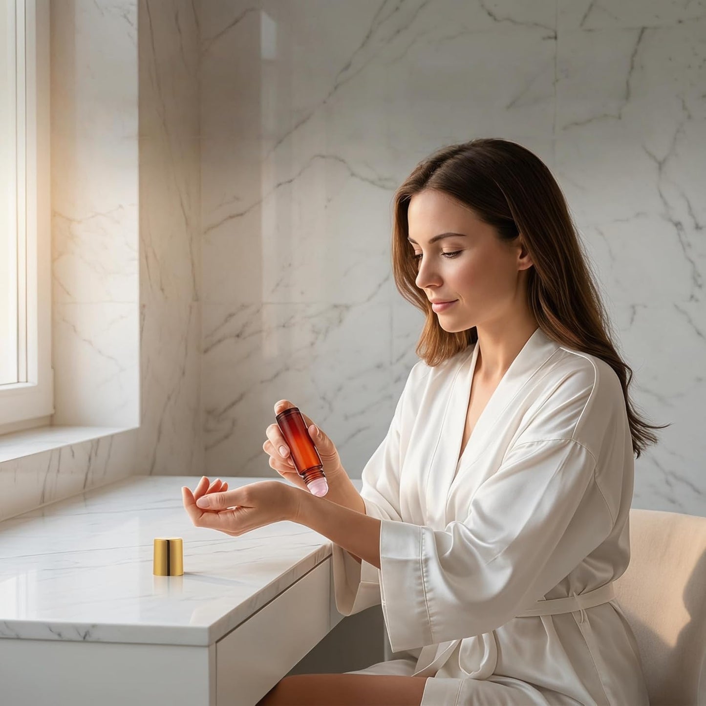 Rose Quartz Roller Ball Applicator - 50ml Refillable Amber Glass Perfume Bottle | Leak-Proof Travel Design with Gold Caps