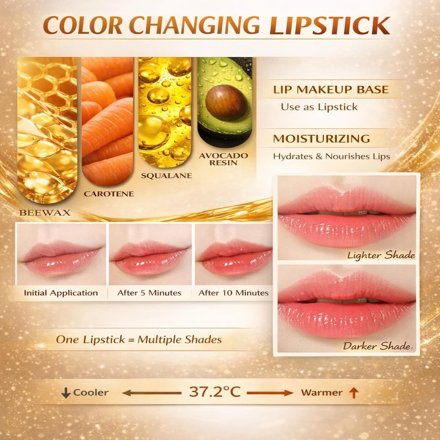 Color Changing Lipstick - Gold Crystal pH Moisturizing Lip Gloss | 24HR Transferproof Tinted Balm for Gifts