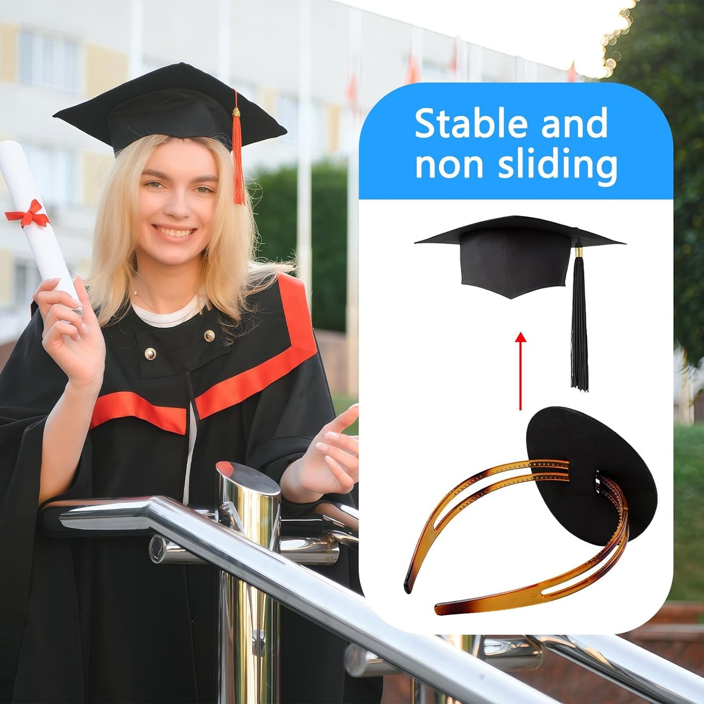 Graduation Cap Headband - Firm Brown Anti-Fall Hairband with Adhesive Felt | Adjustable Round Grad Hat Accessory