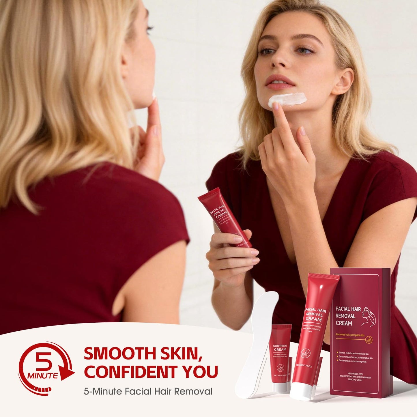 Facial Hair Removal Cream for Women, Gentle & Painless 2-in-1 Face Hair Removal Creams with Soothing Cream for Sensitive Skin, Depilatory Creams for Face Upper Lip Chin, For Smooth Skin 2.03 Fl Oz