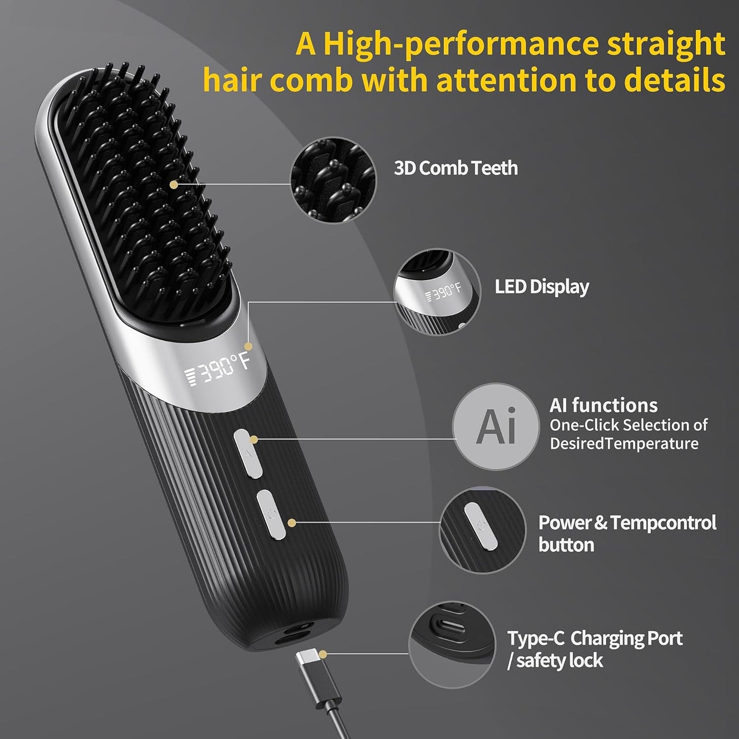 Cordless Hair Styling Brush - 2-in-1 AI Smart Styler with Fast Heat | USB Rechargeable, Portable Travel Comb (Black)