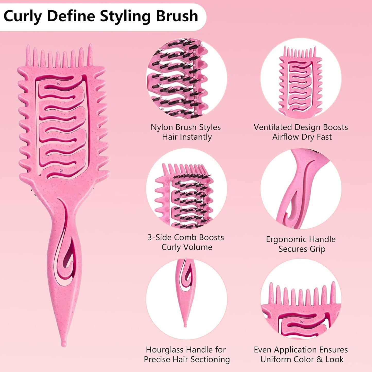 Curly Hair Defining Brush Set - 3 Ergonomic Slick Back Brushes for Wet & Dry Hair | Frizz Reduction (Pink)