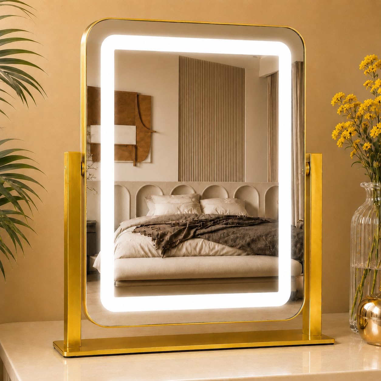 Gold Lighted Makeup Mirror - 15" x 13" Dimmable LED Vanity Mirror with Touch Control | 360° Rotation for Bedroom & Dorm