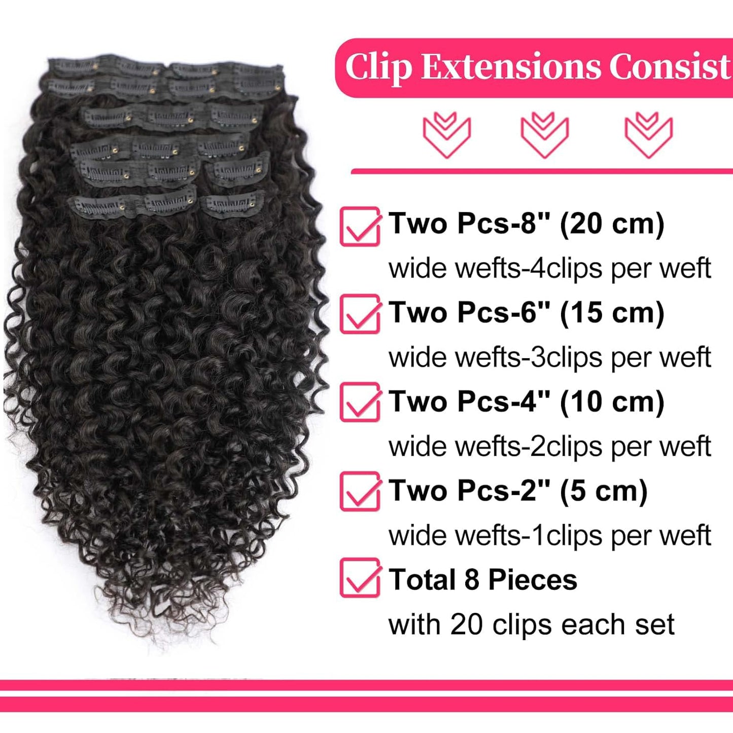 16 Inch Kinky Curly Clip ins Human Hair 110g 8pcs 20 Clips 3C 4A Curly Clip In Hair Extensions Real Human Hair Brazilian Virgin Hair Full Head for Women Natural Black Color