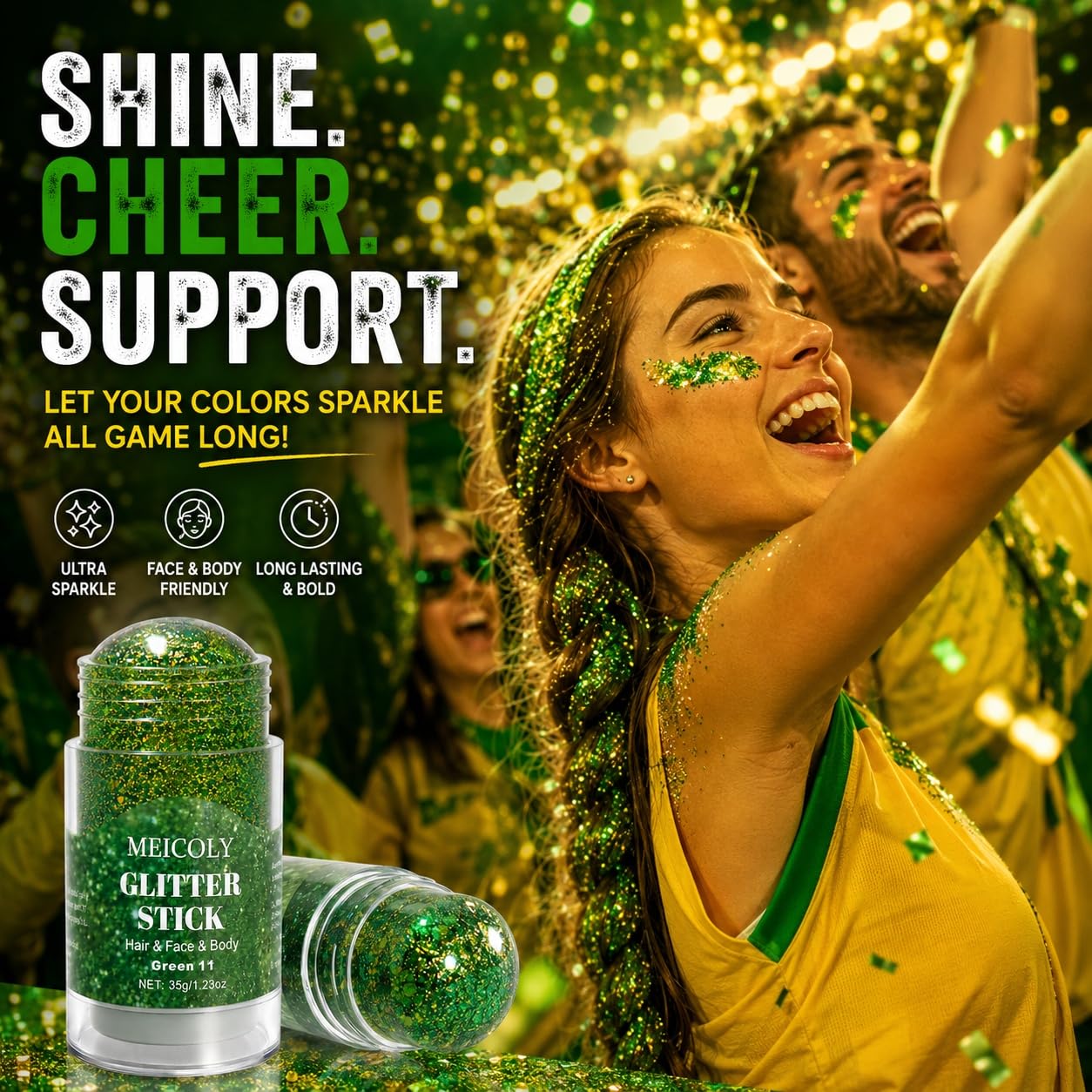 MEICOLY 1.23 OZ Waterproof Brazil Face Glitter Stick for Soccer Football,Green and Yellow Hair Glitter Stick for Women Rave Outfit Accessories,Brasil Green Gold Body Glitter St Patricks Day Alien