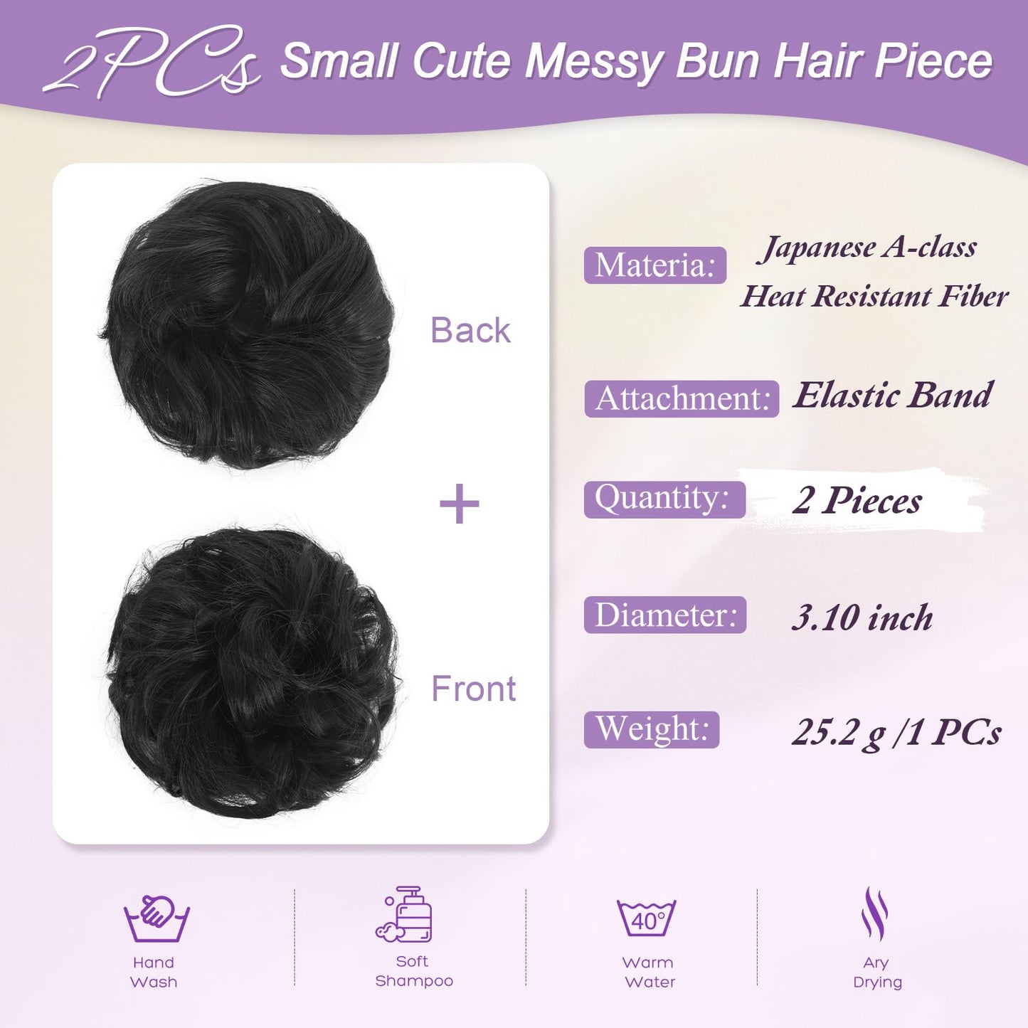 FESHFEN 2PCs Small Messy Bun Hair Piece for Thin Hair Women Girl Mini Synthetic Elastic Wavy Space-bun Scrunchies Updo Hairpieces, Black
