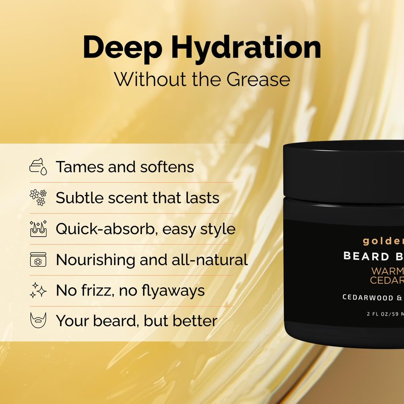 Golden Grooming Beard Balm - Tames Flyaways & Promotes Thicker Growth - Natural Styling Wax with Shea & Mango Butter - Relieves Beard Itch & Dandruff - Warm Cedar, 2oz