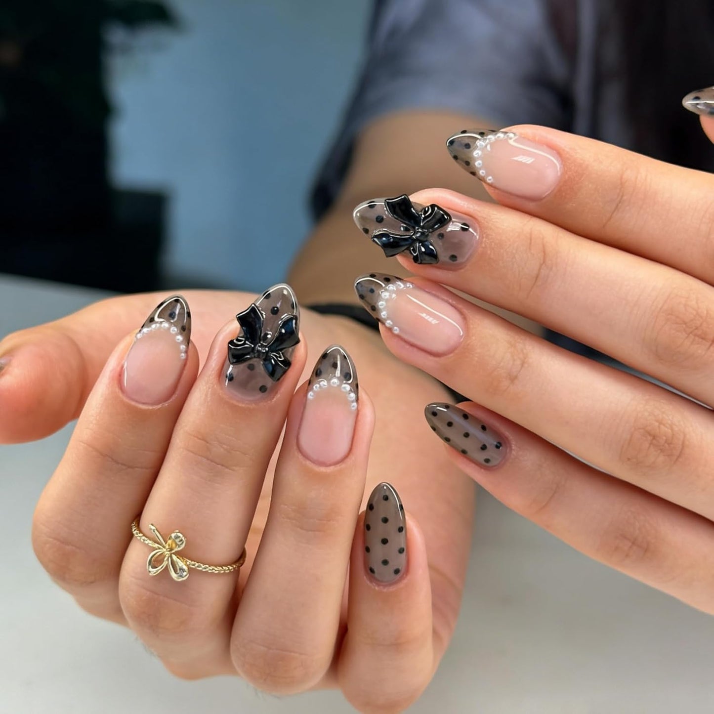 Black Polka Dot Press-On Nails - Medium Almond Shape with Bow Charms | Reusable Acrylic Full Cover Design