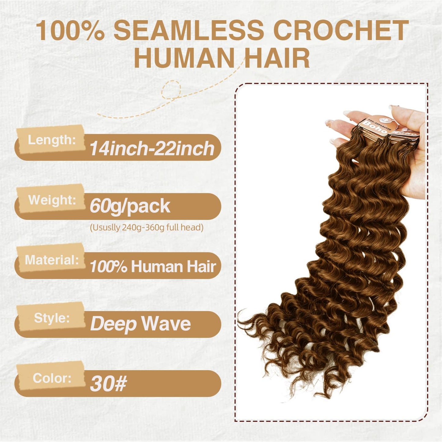 Human Crochet Hair for Black Women, 16 Inch Feather Human Hair Crochet Extensions 120g 100 Strands, Miracle Knots Hair Bundles, Soft Lightweight Deep Wave Texture for Protective Styles(30#, Auburn)