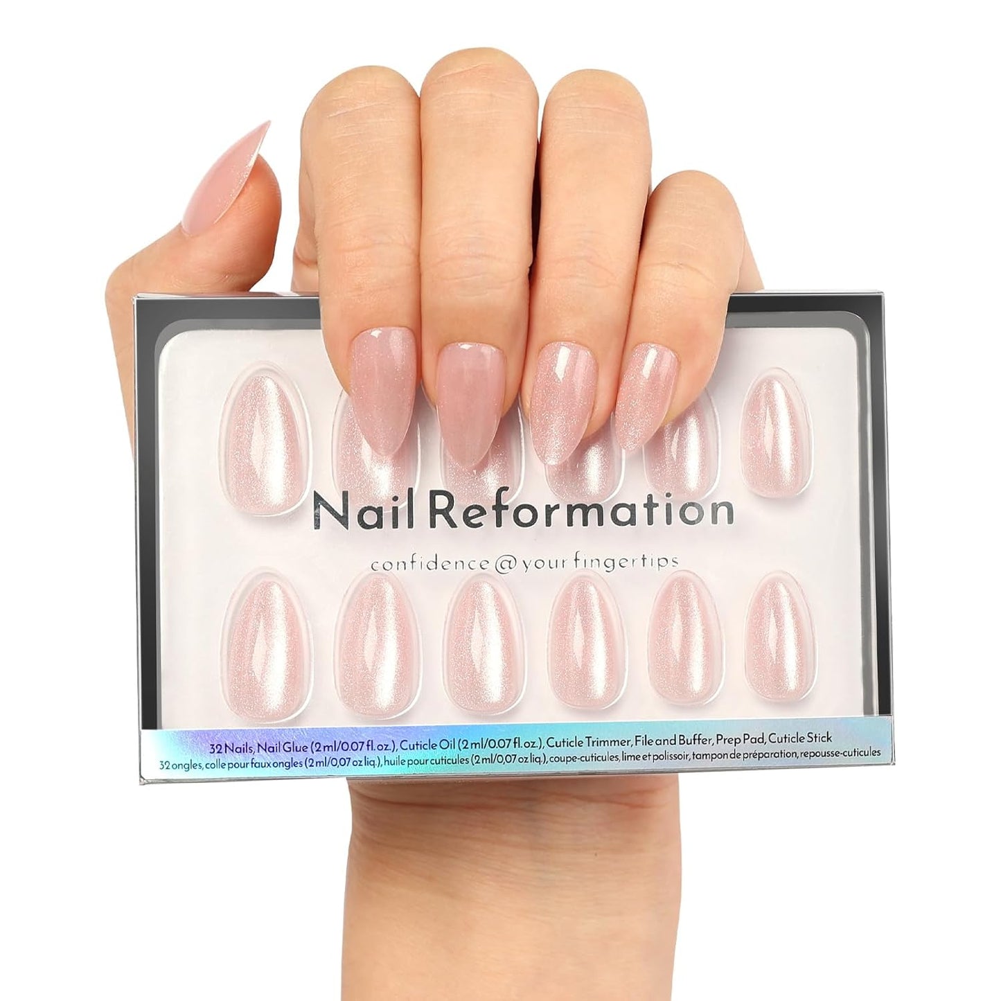 Press On Nails - Pink Quartz Cat Eye Velvet Short Almond | 32 Pcs in 16 Sizes, Reusable Stick-On Nail Kit for Salon Quality Manicures