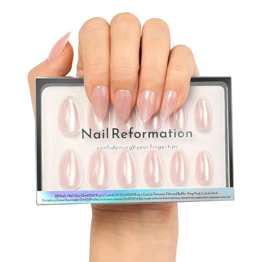 Press On Nails - Soft Pink Short Almond Velvet Cat Eye | Reusable Salon Quality 32 Nail Kit with Glue, 16 Sizes