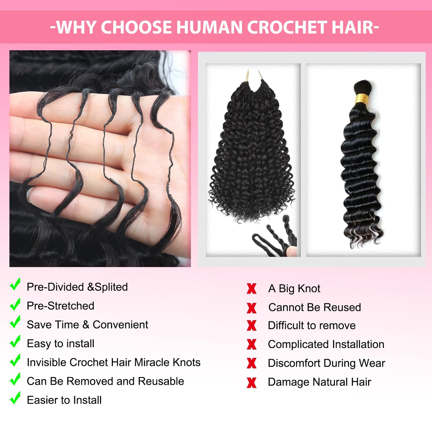 Human Crochet Hair for Black Women 50 Strands Deep Wave Crochet Human Hair Bundles 18 Inch 60g Pre-Separated Invisible Curly Miracle Knots Human Feather Crochet Hair Extensions Black