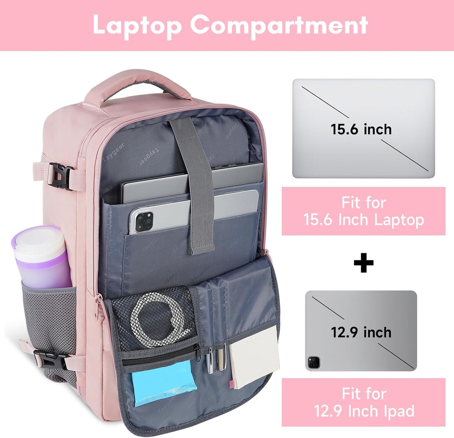 Travel Backpack for Women - TSA-Approved 15.6" Laptop Bag with Water Bottle Pocket & Shoe Pouch | Pink Casual Daypack for Business & Hiking