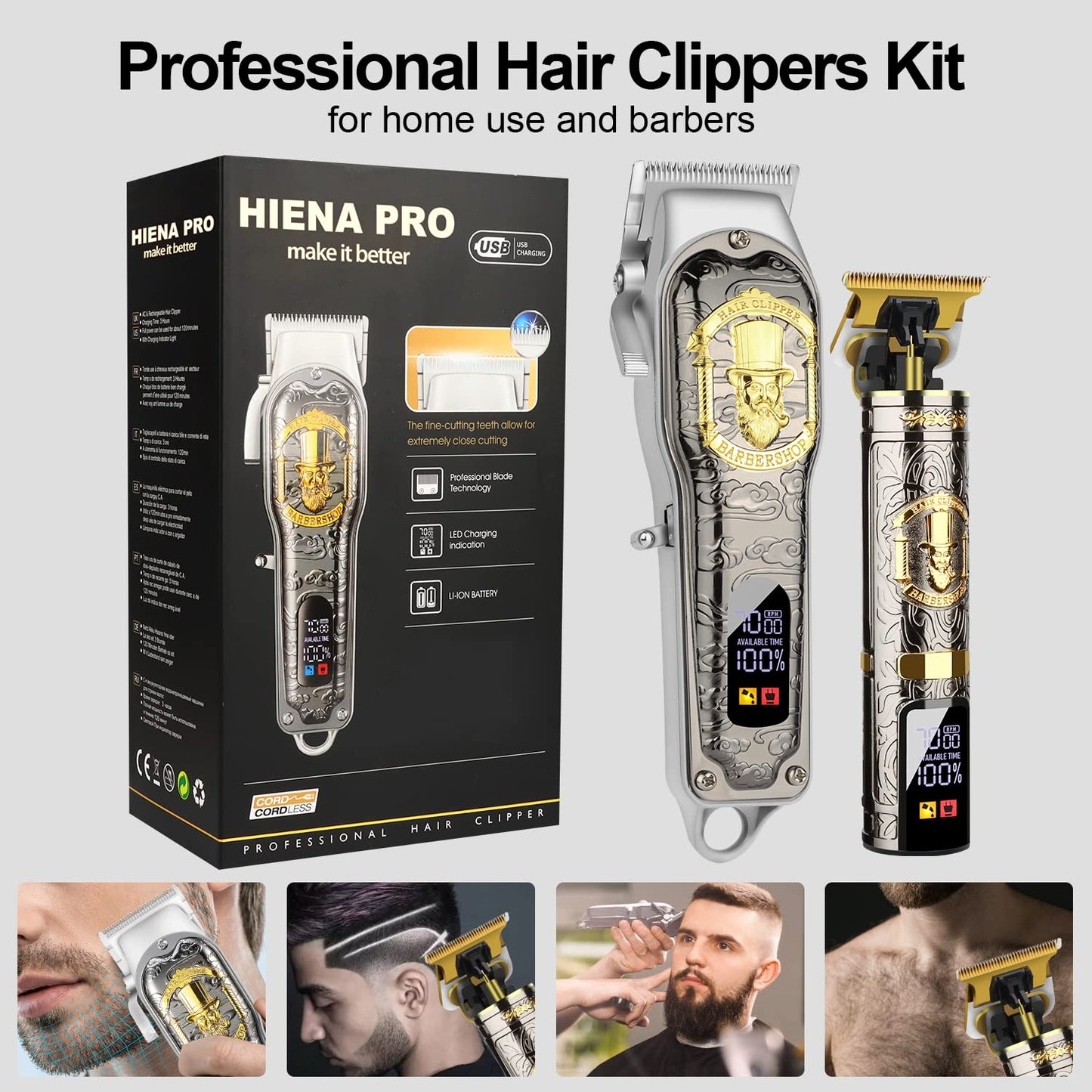 HIENA PRO Hair Clippers for Men T-Blade Trimmer Set, Men Professional Cordless Rechargeable Barber Hair Clippers Set with LED Display (Black-LCD)