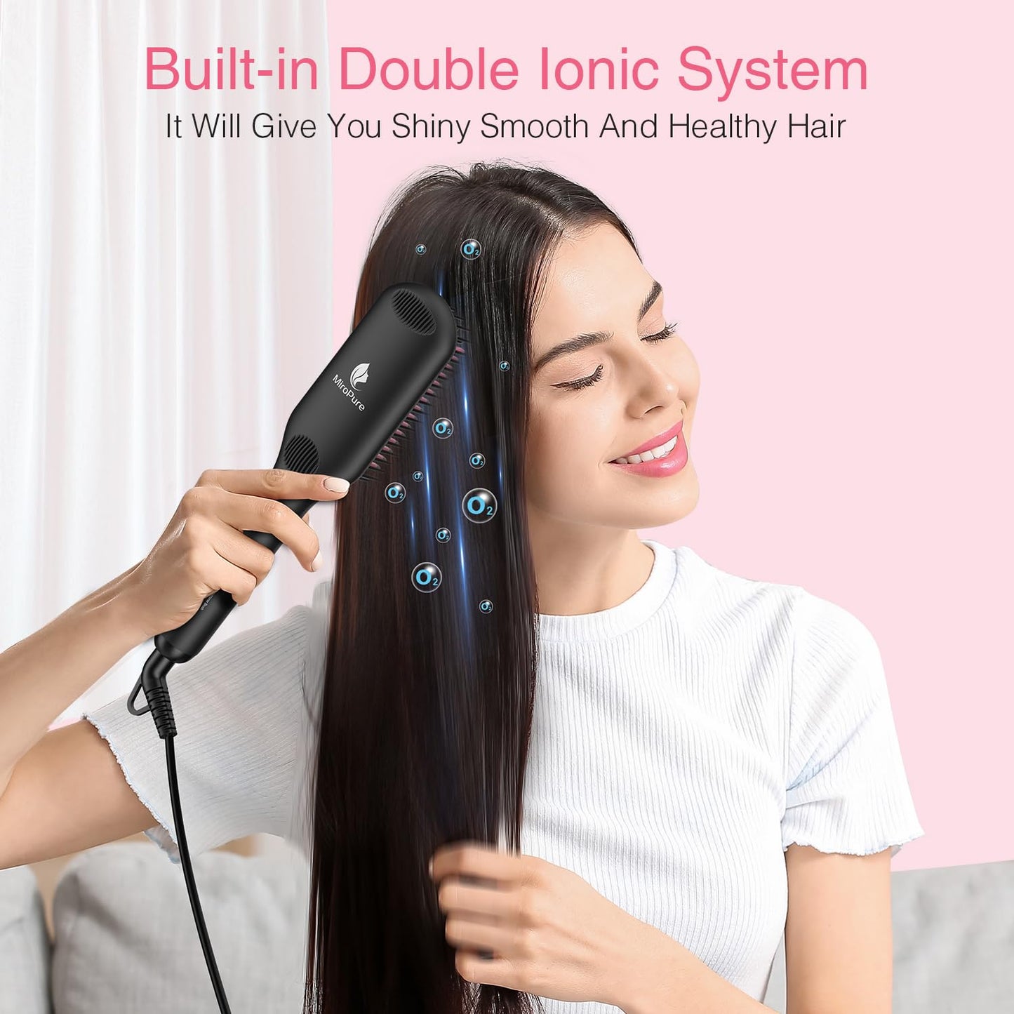 MiroPure Enhanced Ceramic Hair Straightener Brush - 2-in-1 Ionic Styling Tool with Anti-Scald & Auto-Off Features | Black