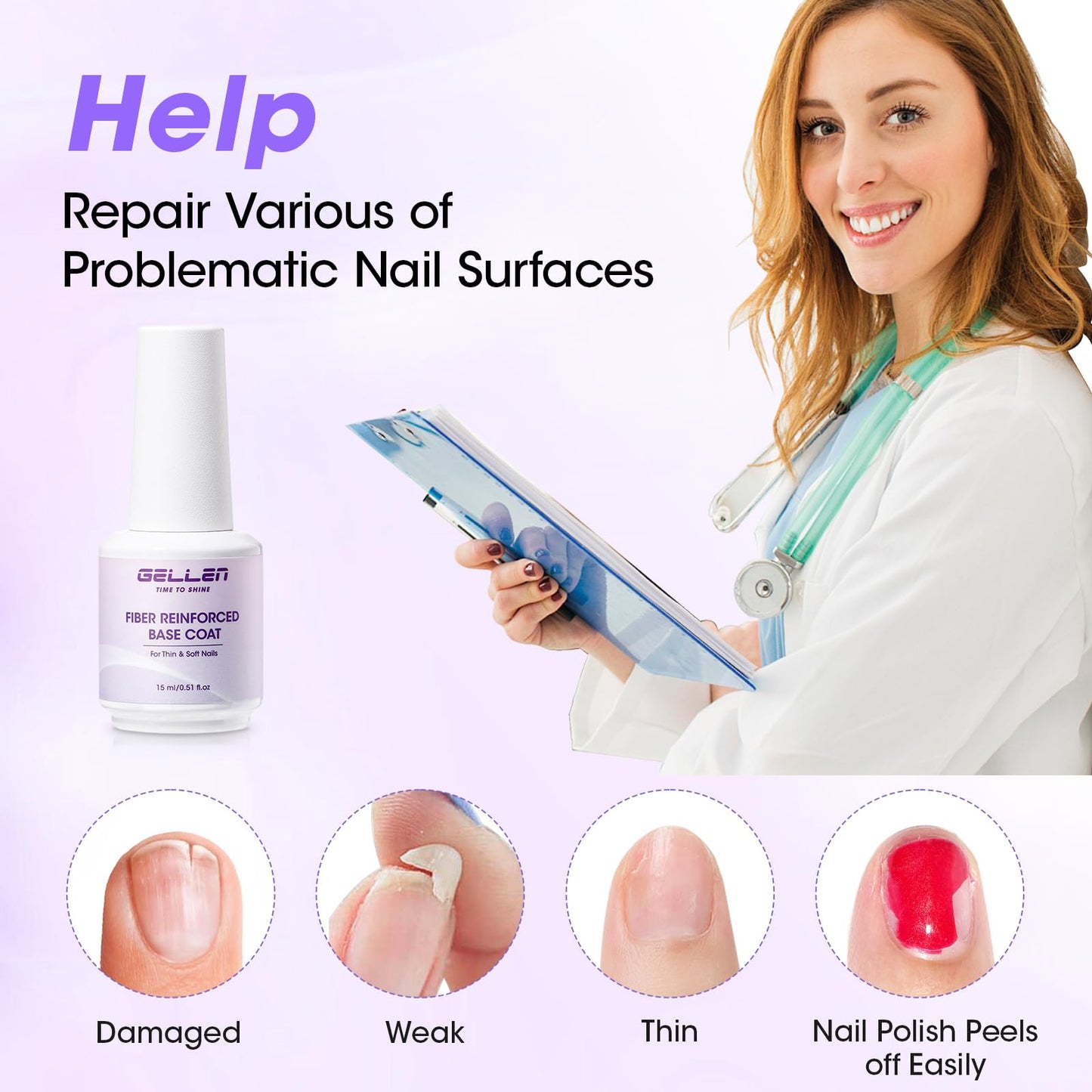 GELLEN Gel Base Coat Nail Polish- 15ml No Wipe Base Coat Gel Polish，Fiber Glass Nail Strengthener for Repair Broken Damaged Thin Weak Nails