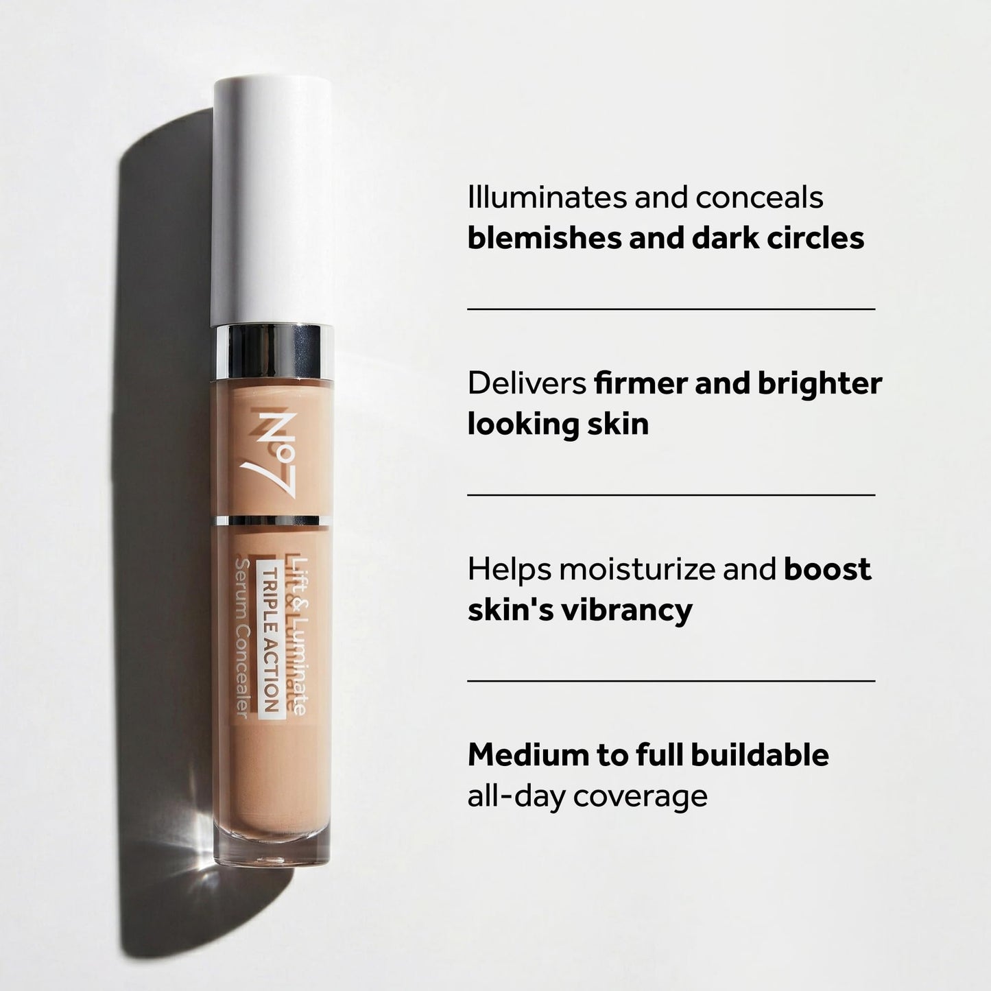 No7 Lift & Luminate Triple Action Serum Concealer - Medium - Anti Aging Liquid Concealer Makeup for Blemishes & Dark Circles - Medium to Full Coverage Concealer for Face (8ml)