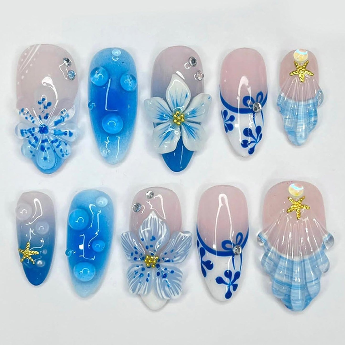 30Pcs Blue Flower Press on Nails Medium Almond Summer Beach Fake Nails with 3D Flowers Starfish Design French Nails Cute Stick on Nails Golden Beads Full Cover Manicure False Nail Tips for Women