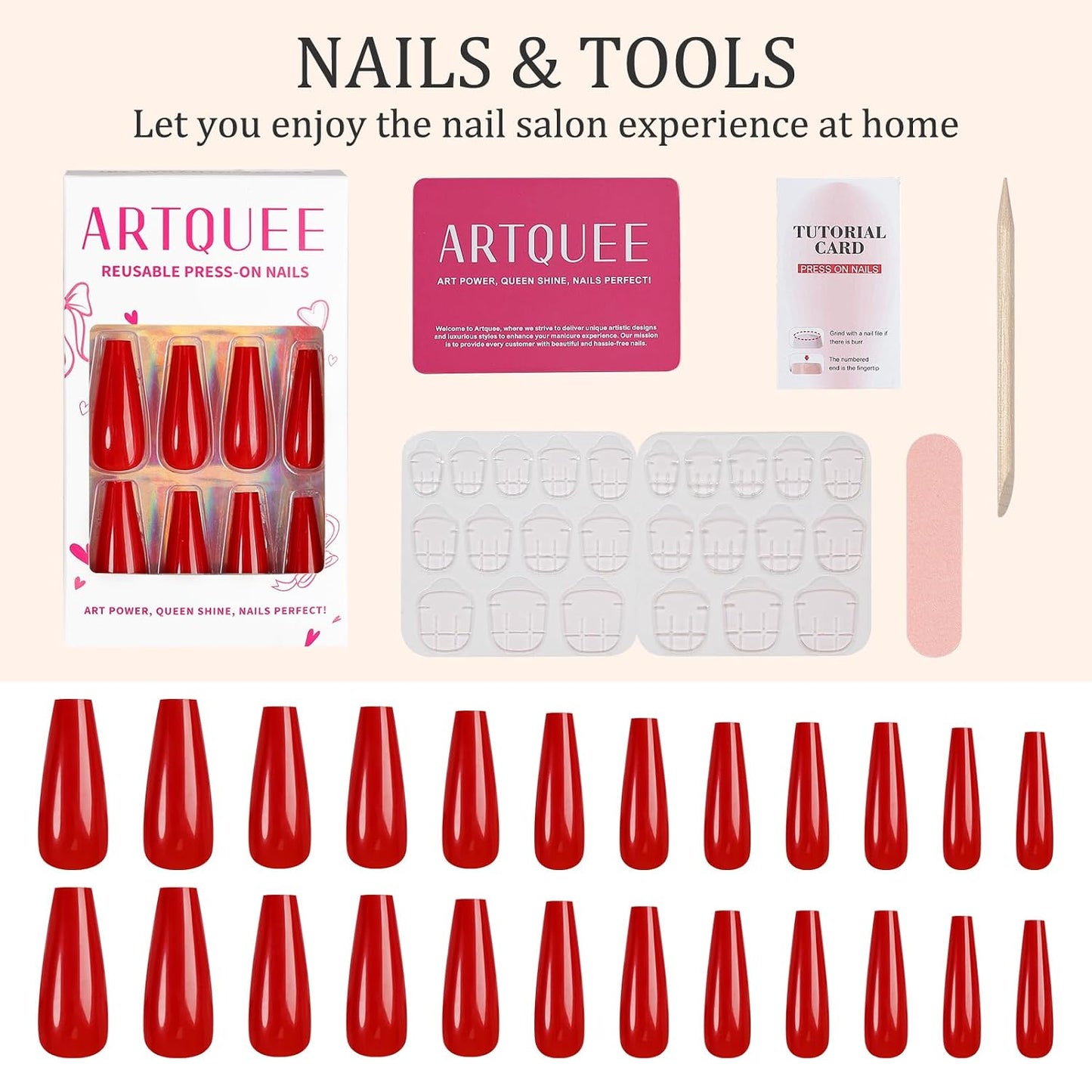 Ballerina Long Coffin Glossy Fake Nails - 24pcs Red Press-On Nail Tips for Women