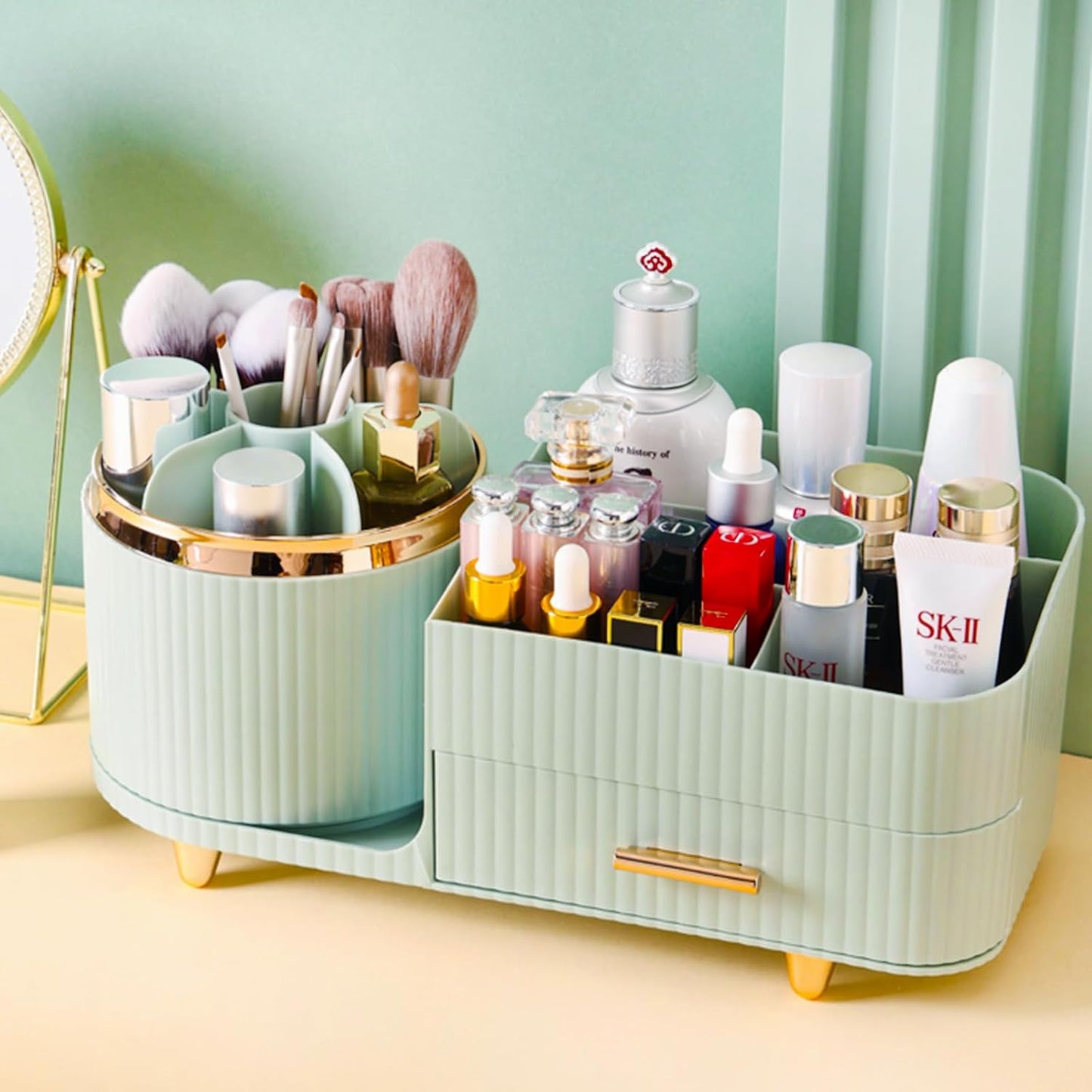 Rotating Makeup Organizer - Large Spinning Vanity Storage with Brush Holder | Black Cosmetic Display Case