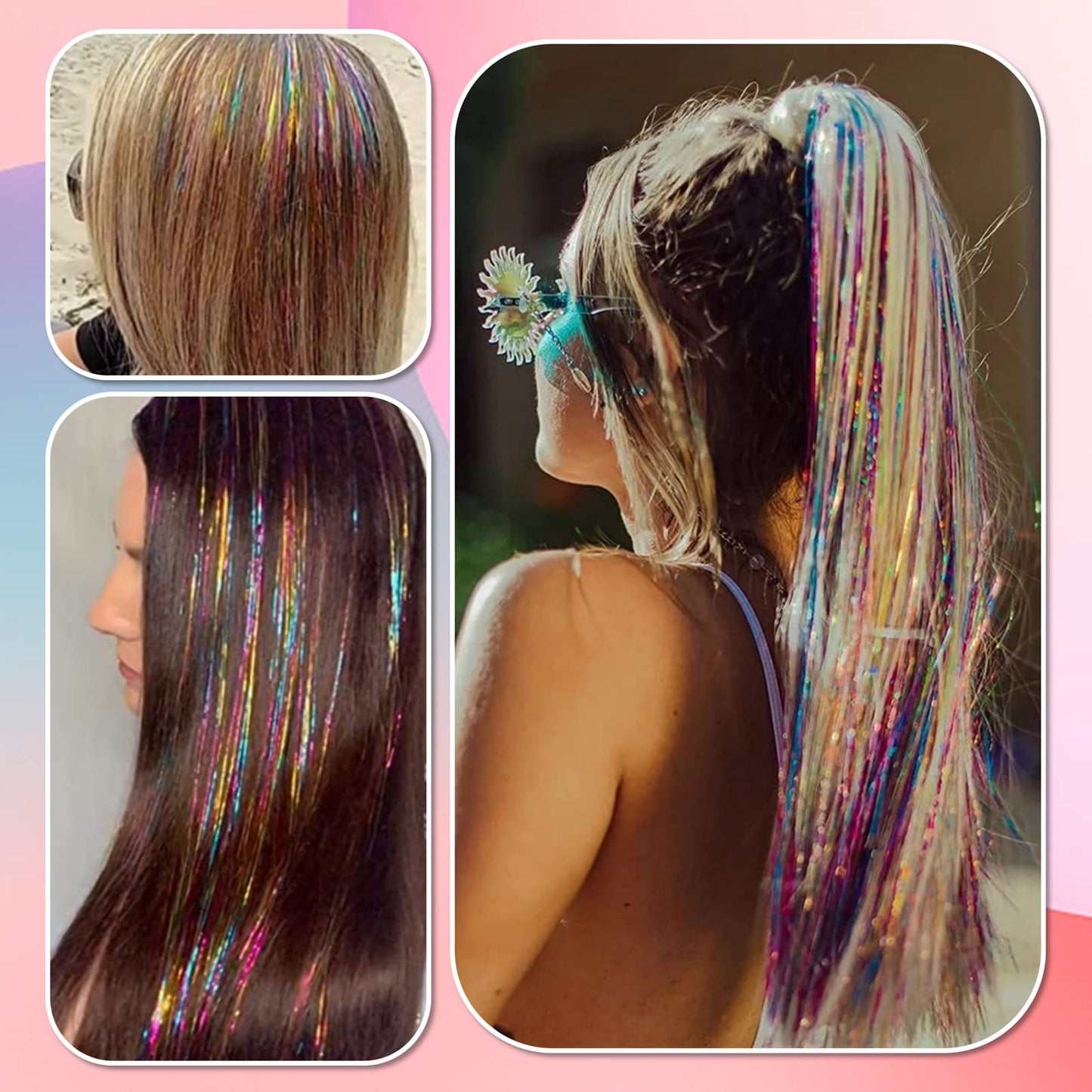 Rainbow Hair Tinsel Kit with Tools and Instruction Easy to Use 1200 Strands 48 Inches Glitter Tinsel Hair Extensions for Women and Girls, Sparkling Shinny Fairy Hair Accessories for Christmas New Year Halloween Cosplay Party