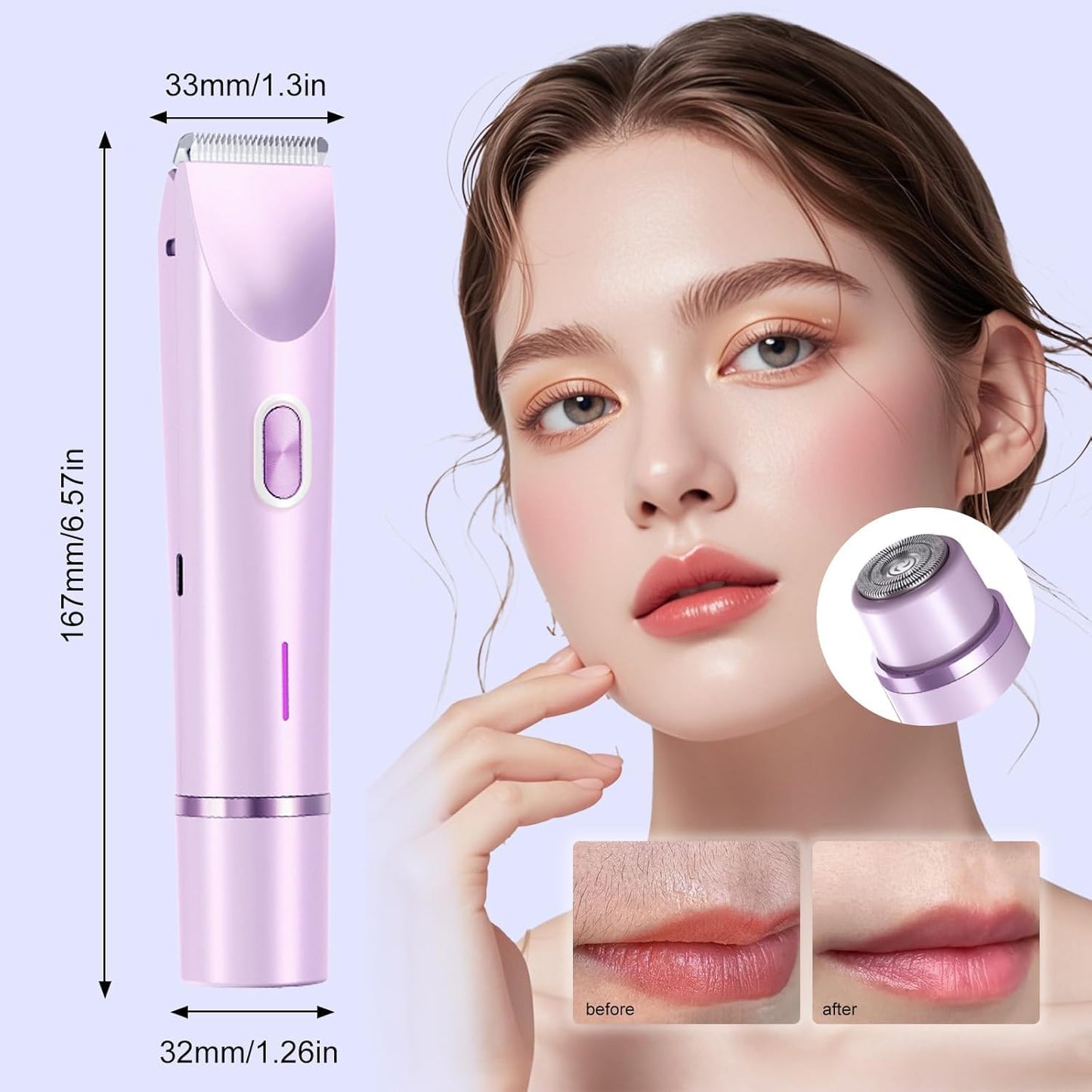 Glow Aura Womens Shaver, 2 in 1 Bikini Trimmer for Women USB Rechargeable, IPX7 Waterproof Wet & Dry Electric Razors, Painless Hair Remover for Bikini Underarm Leg Arm Body Face, Purple