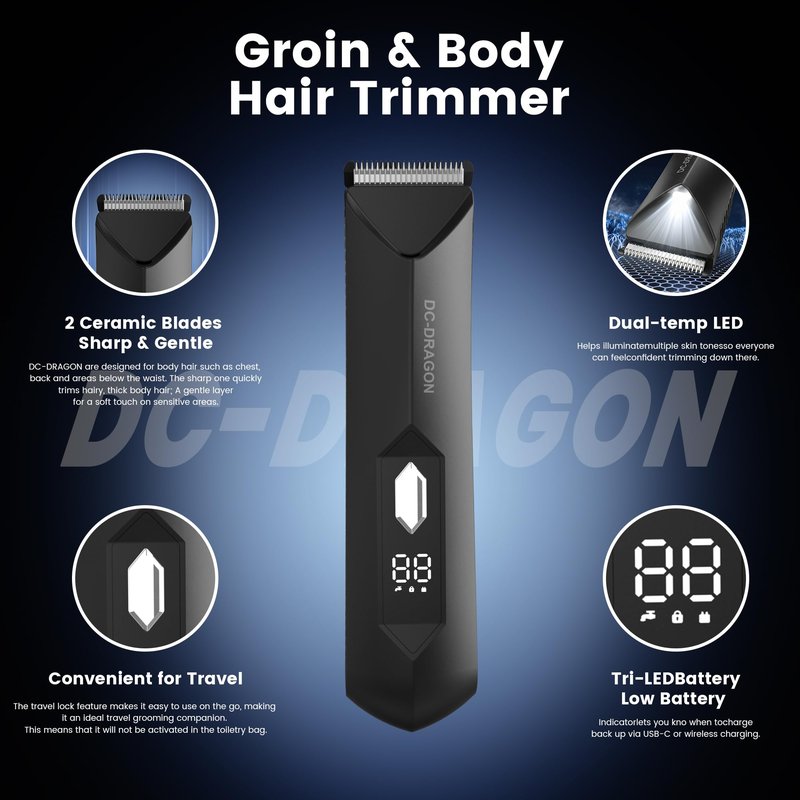 DC-Dragon Beard Trimmers for Men Cordless Hair Clippers for Mustache Hair Cutting Kit, Face, Groin & Manscaping,Led Battery Display,Small Lighting
