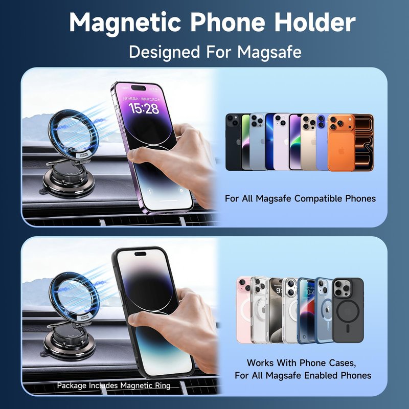 CHTXXLSZ Magnetic Car Phone Holder, 360° Adjustable Suction Cup Universal Phone Mount, Multi-Scene for Car Office Gym Home, Compatible with iPhone 17/16 Pro Max & Other Magnetic Phones (Black)