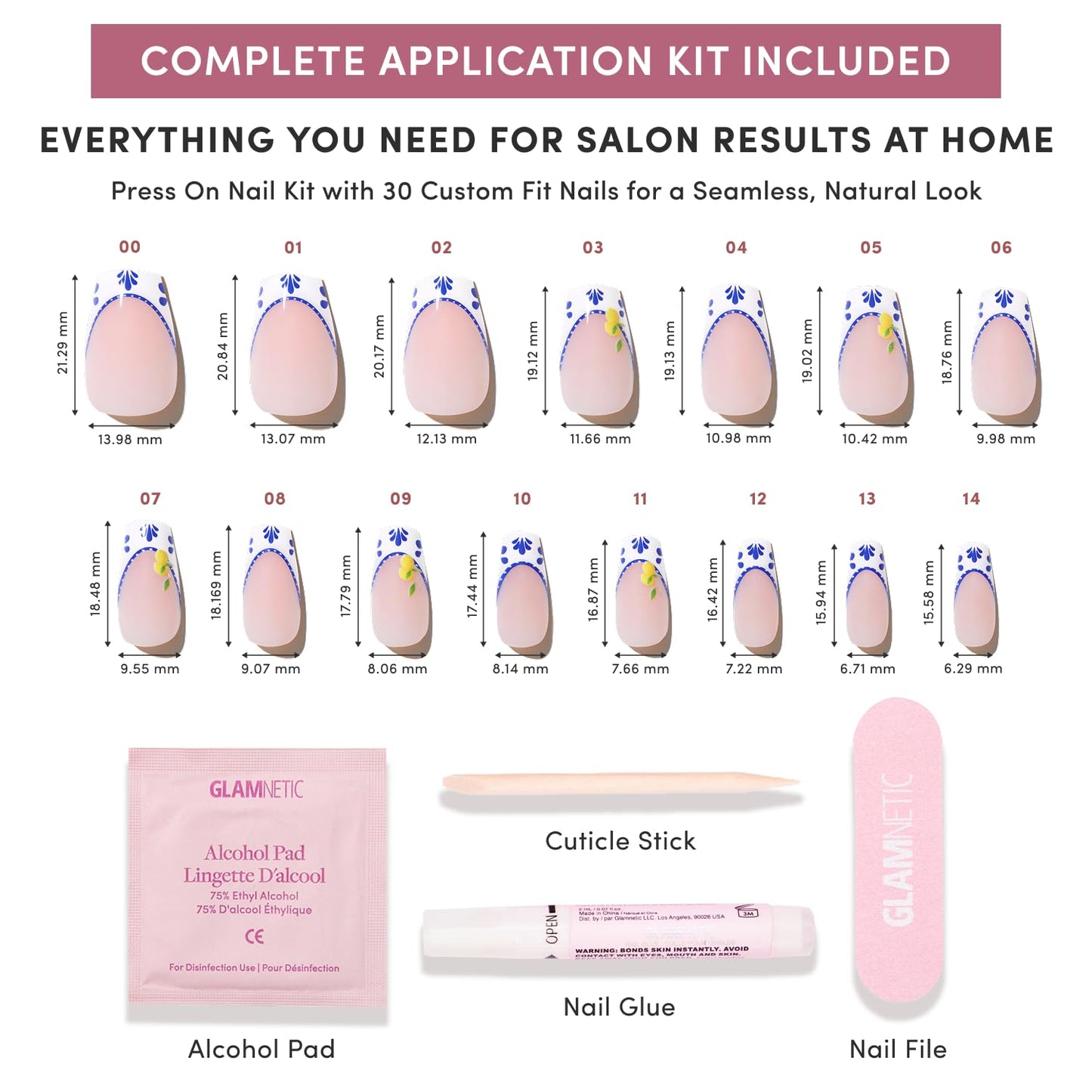 Glamnetic Press On Nails - Medium Coffin Blue & White French Tip Set | 30 Nail Kit with Glue - Salon Quality Vacation Nails