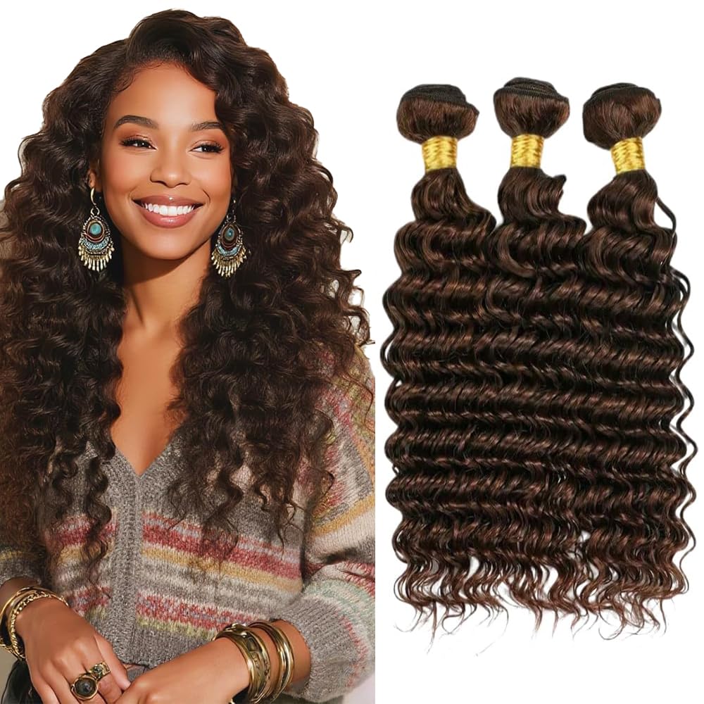 34 34 34 Inch DiexrLamx Color #4 Bundles Human Hair Brown Loose Deep Wave Bundle Brazilian Virgin Remy Hair 3 Bundles Color #4 Deep Curly Bundle Hair Extensions