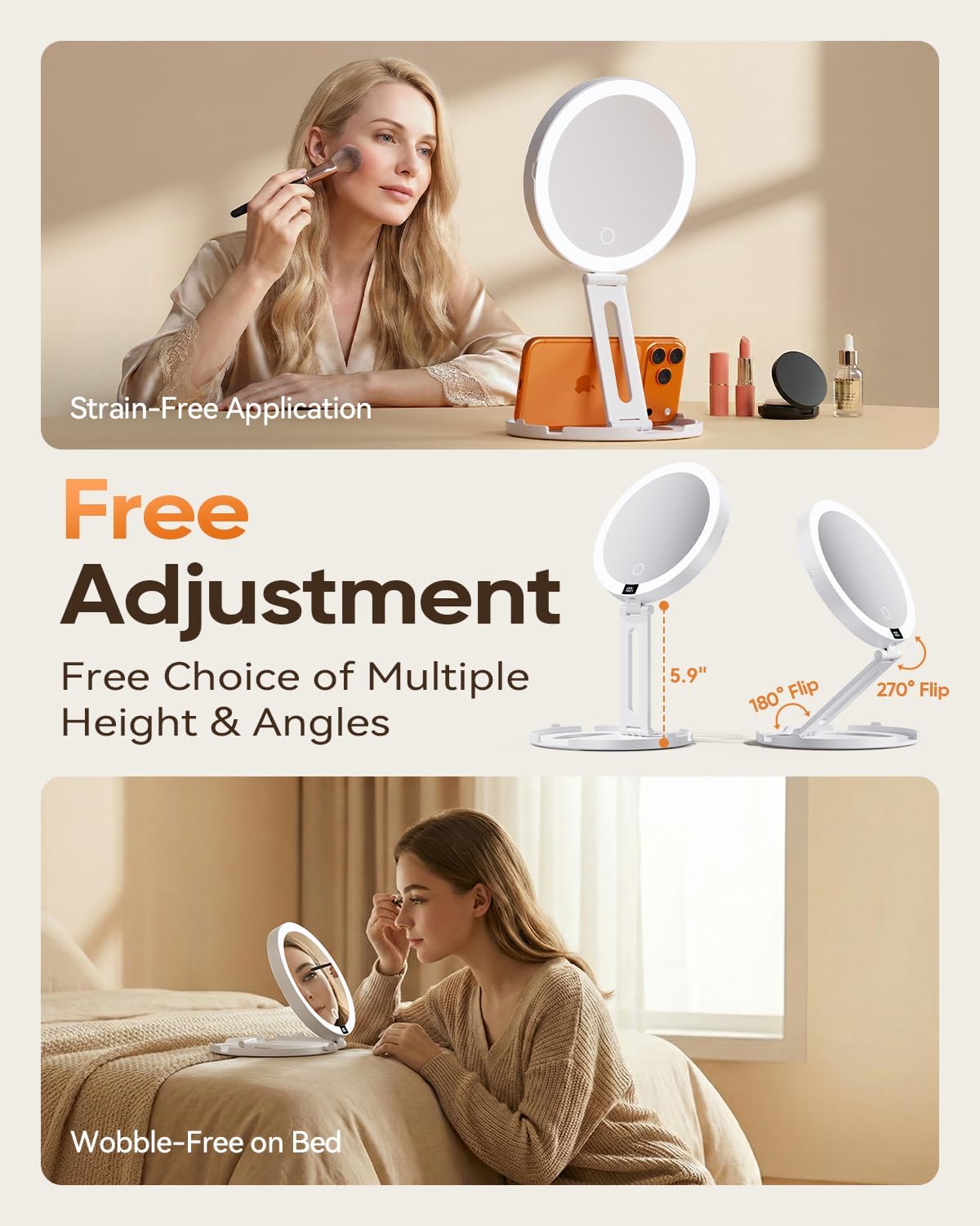Travel Makeup Mirror with Lights - 20X/1X Dual-Sided Magnifying | Rechargeable, Dimmable, Portable Folding Design