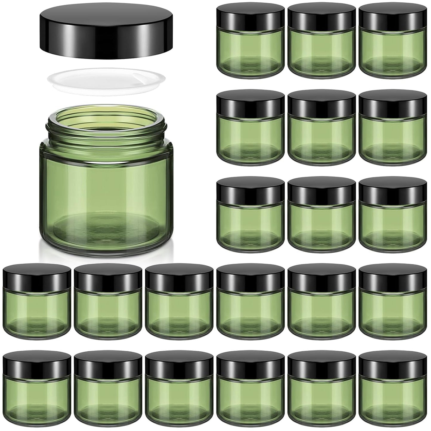32 Pcs 2 oz Glass Jars - Leakproof Travel Size Cosmetic Containers for Makeup, Creams & DIY (Pea Green)