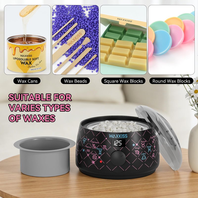 Waxkiss Digital Wax Warmer, 14oz Non-Stick Silicone Pot Hair Removal Heater, Zodiac Prints, Adjustable Temperature with See-Through Lid for Women Men