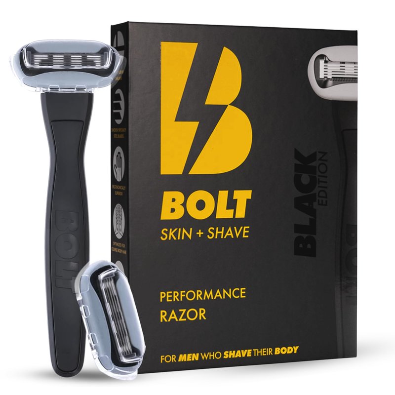 BOLT Skin + Shave - Performance Razor - Black Edition - 5-Blade Swedish Steel - Aloe & VIT E - Zinc Handle - Smooth Shave Kit - 2 Cartridges
