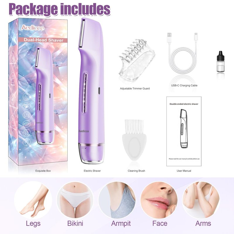 Bikini Trimmer for Women 2 in 1, Dual Head Womens Electric Shaver, Electric Razors for Pubic Hair, IPX7 Waterproof Rechargeable Facial Hair Removal for Shaving Underarm Leg Arm Body Face, Light Purple