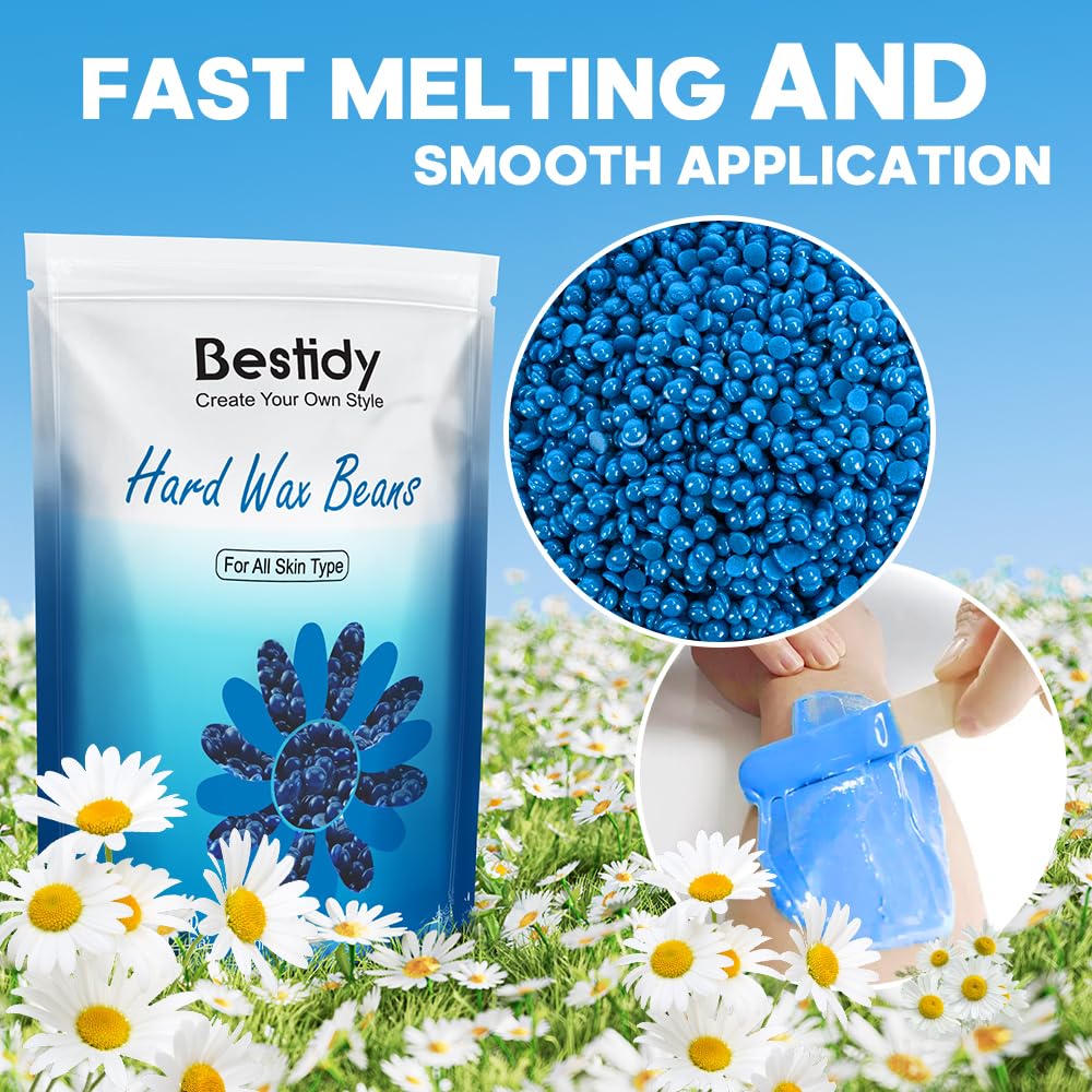 Bestidy Hard Wax Beads for Hair Removal, Waxing Beads for Coarse Hair, 500g Refill Wax Beads for Wax Warmer, Home Waxing for All Body and Brazilian Bikini Areas, Women Men (17.64 Ounce, Sea Blue)