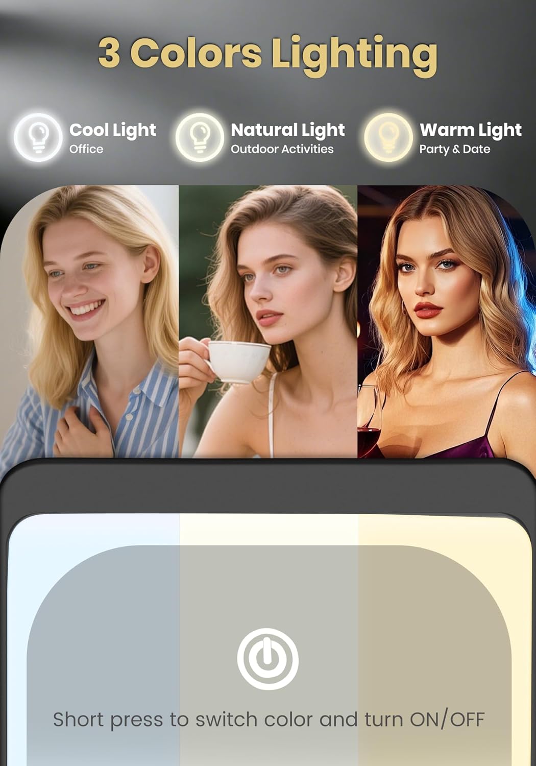 Rechargeable 30X Magnifying Compact Mirror - 3 Lighting Modes & Dimmable Brightness | Portable Travel Makeup Mirror for Women - Black